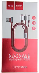 Універсальний кабель Hoco U17 Combo 3-in-1 USB-A to Type-C/Lightning/micro USB 12w 2.4a 1.5м сable Red - мініатюра 4 Універсальний кабель Hoco U17 Combo 3-in-1 USB-A to Type-C/Lightning/micro USB 12w 2.4a 1.5м сable Red - мініатюра 4