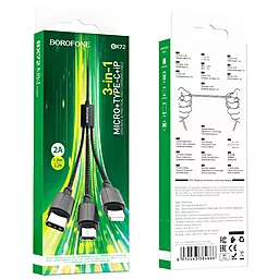 Универсальный кабель Borofone BX72 3-in-1 USB-A to Type-C/Lightning/micro USB 10w 2a 1м сable Black - миниатюра 3 Универсальный кабель Borofone BX72 3-in-1 USB-A to Type-C/Lightning/micro USB 10w 2a 1м сable Black - миниатюра 3