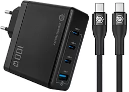 Сетевое зарядное устройство Powermax Eclipse 100w GaN PD 3xUSB-C/USB-A ports charger + USB-C to USB-C 100w cable black - фото Сетевое зарядное устройство Powermax Eclipse 100w GaN PD 3xUSB-C/USB-A ports charger + USB-C to USB-C 100w cable black