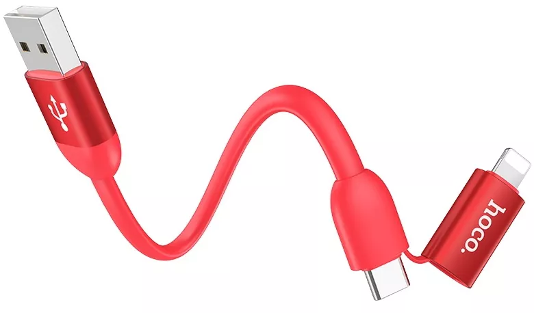 Универсальный кабель Hoco U87 Cool 2-in-1 USB-A to Type-C/Lightning 12w 2.4a 0.2м cable Red - фото 2