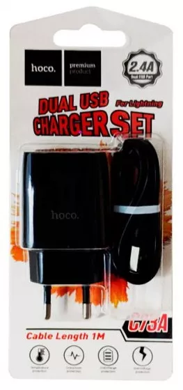 Сетевое зарядное устройство Hoco C73A 2.4a 2xUSB-A ports charger + Lightning cable black - фото 3