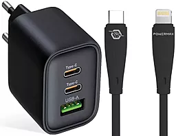 Мережевий зарядний пристрій Powermax Eclipse 65w GaN PD 2xUSB-C/USB-A ports charger + USB-C to Lightning 27w 2m cable black - фото Мережевий зарядний пристрій Powermax Eclipse 65w GaN PD 2xUSB-C/USB-A ports charger + USB-C to Lightning 27w 2m cable black