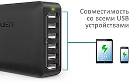 Сетевое зарядное устройство RavPower 60W 12A 6-Port USB Desktop Charging Station with iSmart Technology Black (RP-PC028 / RP-PC028BK) - миниатюра 3