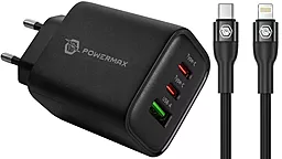 Мережевий зарядний пристрій Powermax Eclipse 65w GaN PD 2xUSB-C/USB-A ports charger + USB-C to Lightning 27w cable black - фото Мережевий зарядний пристрій Powermax Eclipse 65w GaN PD 2xUSB-C/USB-A ports charger + USB-C to Lightning 27w cable black