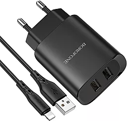 Мережевий зарядний пристрій Borofone BN2 2xUSB-A ports home charger + lightning cable black - мініатюра 2