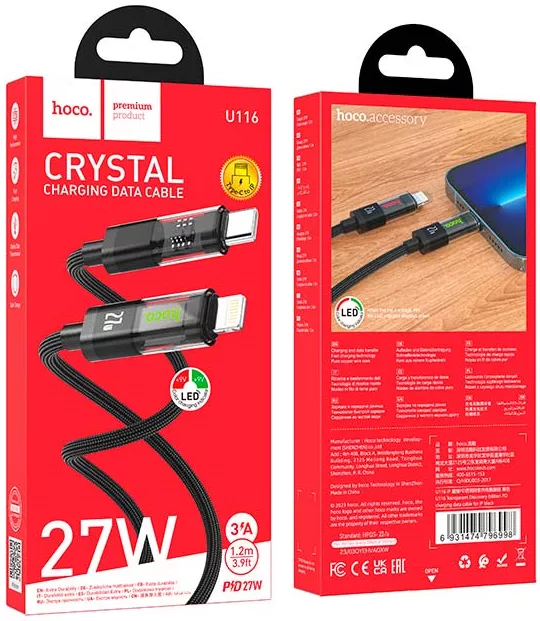Кабель Hoco U116 USB Type-C - Lightning 27w 3a 1.2м PD сable Black - фото 8