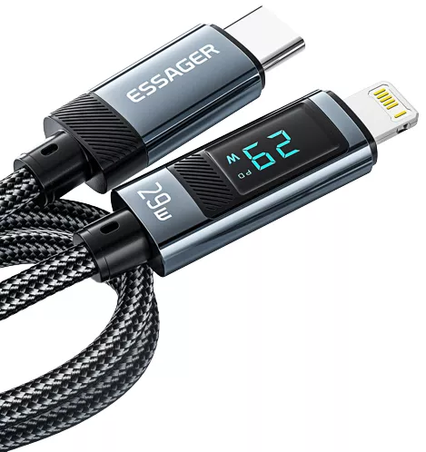 Кабель Essager Digital Display USB Type-C - Lightning 29w 3a 1м PD сable Black - фото 3