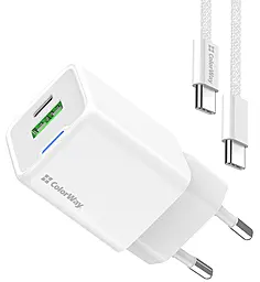 Сетевое зарядное устройство ColorWay C101A 20w GaN/PPS PD USB-C/USB-A ports charger + USB-C to USB-C cable white (CW-CHS062PDC-WT) - фото Сетевое зарядное устройство ColorWay C101A 20w GaN/PPS PD USB-C/USB-A ports charger + USB-C to USB-C cable white (CW-CHS062PDC-WT)