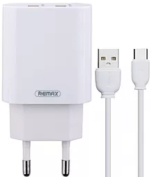 Мережевий зарядний пристрій Remax RP-U35 2.4a 2xUSB-A ports charger + USB-C cable white