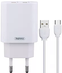 Сетевое зарядное устройство Remax RP-U35 2.4a 2xUSB-A ports charger + USB-C cable white - фото Сетевое зарядное устройство Remax RP-U35 2.4a 2xUSB-A ports charger + USB-C cable white