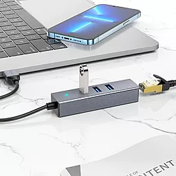 Мультипортовий USB-A хаб Hoco HB34 USB to 3xUSB 3.0 + RJ45 1000Mbps Black - мініатюра 6