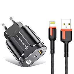 Сетевое зарядное устройство Powermax Duo Alpha 20W PD/QC USB-C/USB-A ports home charger + Lightning cable Black - фото Сетевое зарядное устройство Powermax Duo Alpha 20W PD/QC USB-C/USB-A ports home charger + Lightning cable Black