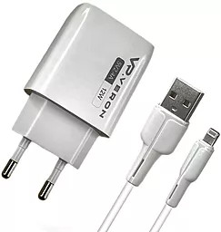 Сетевое зарядное устройство Veron AC62L 2.4a 2xUSB-A home charger + Lightning cable white - фото Сетевое зарядное устройство Veron AC62L 2.4a 2xUSB-A home charger + Lightning cable white