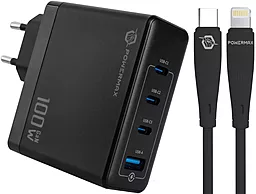 Мережевий зарядний пристрій Powermax Eclipse 100w GaN PD 3xUSB-C/USB-A ports charger + USB-C - Lightning 2m 27w cable black - фото Мережевий зарядний пристрій Powermax Eclipse 100w GaN PD 3xUSB-C/USB-A ports charger + USB-C - Lightning 2m 27w cable black