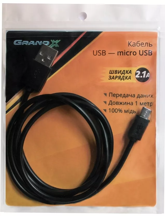 Кабель Grand-X USB-A - micro USB 10.5w 1м cable Black (PM01S) - фото 3