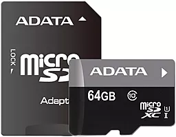 Карта памяти ADATA microSDXC 64GB Premier Class 10 UHS-I U1 (AUSDX64GUICL10-RA1) - фото Карта памяти ADATA microSDXC 64GB Premier Class 10 UHS-I U1 (AUSDX64GUICL10-RA1)