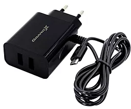 Мережевий зарядний пристрій Grand-X 18w 2xUSB-A ports + USB-C cable black (CH65T)