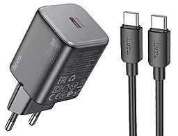 Сетевое зарядное устройство Hoco N40 Mighty 20w PD USB-C ports charger + USB-C to USB-C cable black - фото Сетевое зарядное устройство Hoco N40 Mighty 20w PD USB-C ports charger + USB-C to USB-C cable black