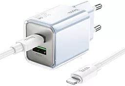 Мережевий зарядний пристрій Hoco N46 20w GaN PD/QC USB-C/USB-A ports fast charger + USB-C to lightning cable blue - фото Мережевий зарядний пристрій Hoco N46 20w GaN PD/QC USB-C/USB-A ports fast charger + USB-C to lightning cable blue