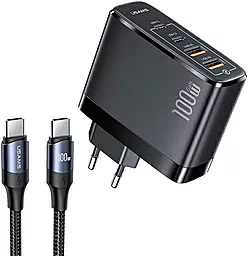 Мережевий зарядний пристрій Usams T44 100w 2xUSB-C/USB-A ports + SJ524 U71 USB-C/USB-C cable 1.2m fast charger black (UCTZ01)