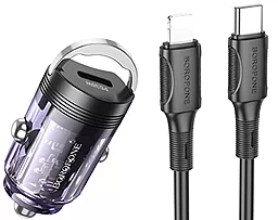 Автомобильное зарядное устройство Borofone BZ29 Ray 30w PD USB-C ports car charger + USB-C to Lightning cable transparent purple - фото Автомобильное зарядное устройство Borofone BZ29 Ray 30w PD USB-C ports car charger + USB-C to Lightning cable transparent purple