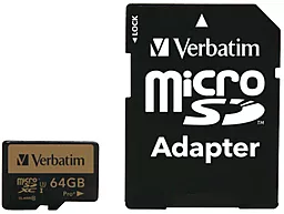 Карта памяти Verbatim microSDXC 64GB Pro Plus Class 10 UHS-I U3 + SD-адаптер (44034)