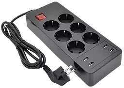 Сетевой фильтр (удлинитель) Voltronic 5V-2.4A 2м 6 розетки 4USB-A 250V/4000w с выключателем черный (P-EU6U4S) - фото Сетевой фильтр (удлинитель) Voltronic 5V-2.4A 2м 6 розетки 4USB-A 250V/4000w с выключателем черный (P-EU6U4S)
