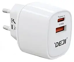 Сетевое зарядное устройство Deji DJ-A88 33w PD USB-C/USB-A ports charger white - фото Сетевое зарядное устройство Deji DJ-A88 33w PD USB-C/USB-A ports charger white
