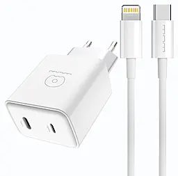 Мережевий зарядний пристрій WUW T78 20w PD USB-C/Lightning ports charger + USB-C to Lightning cable white - фото Мережевий зарядний пристрій WUW T78 20w PD USB-C/Lightning ports charger + USB-C to Lightning cable white