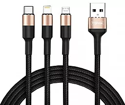 Універсальний кабель T-PHOX T-F815 3-in-1 USB-A to Type-C/Lightning/micro USB 15w 3a 1.2м сable Black/Gold