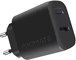 Сетевое зарядное устройство Promate BiPlug-2 17w QC USB-C/USB-A ports charger black