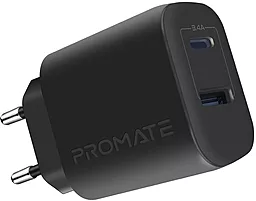 Сетевое зарядное устройство Promate BiPlug-2 17w QC USB-C/USB-A ports charger black - фото Сетевое зарядное устройство Promate BiPlug-2 17w QC USB-C/USB-A ports charger black