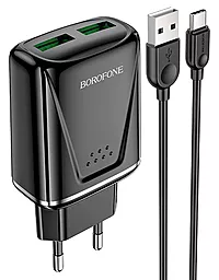 Сетевое зарядное устройство с быстрой зарядкой Borofone BA54A Wide road 18w QC3.0 2xUSB-A ports charger + USB-C cable black - фото Сетевое зарядное устройство с быстрой зарядкой Borofone BA54A Wide road 18w QC3.0 2xUSB-A ports charger + USB-C cable black