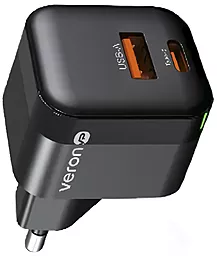 Мережевий зарядний пристрій Veron TC-028 20w PD/QC USB-C/USB-A ports fast charger black - фото Мережевий зарядний пристрій Veron TC-028 20w PD/QC USB-C/USB-A ports fast charger black