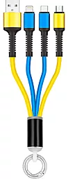 USB Кабель Gelius Splitter GP-UC130 15w 3a 0.15m 3-in-1 USB Type-C to Type-C/Lightning/micro cable yellow/blue