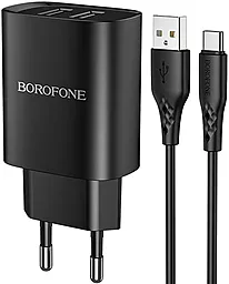 Сетевое зарядное устройство Borofone BN2 Super Fast 2.1a 2xUSB-A ports charger + USB-C cable black - фото Сетевое зарядное устройство Borofone BN2 Super Fast 2.1a 2xUSB-A ports charger + USB-C cable black