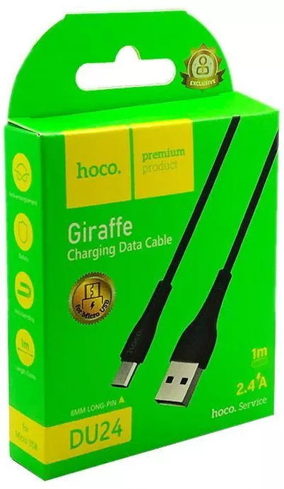 Кабель Hoco DU24 GIRAFFE Long Pin USB-A - micro USB 12w 2.4a 1м cable Black - фото 3