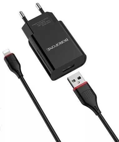 Сетевое зарядное устройство Borofone BA20A Sharp 2.1a home charger + Lightning cable black - фото 2