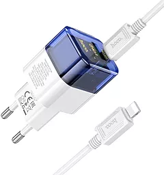 Сетевое зарядное устройство Hoco C131A Platium 30w PD/QC3.0 USB-C/USB-A ports fast charger + USB-C to lightning transparent blue