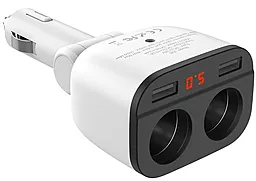 Автомобильное зарядное устройство с разветвителем прикуривателя Hoco Z28 Power Ocean 2 USB + 2 Cigarette Lighter Ports + Digital Display White