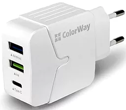 Мережевий зарядний пристрій ColorWay 2USB, 1USB Type-C, 3.4A White (CW-CHS005-WT)