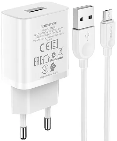 Сетевое зарядное устройство Borofone BA52A Gamble 2.1a home charger + micro USB cable white - фото 1