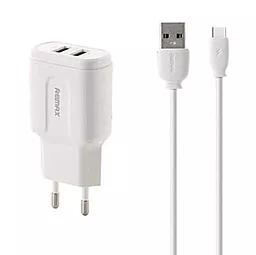 Сетевое зарядное устройство Remax RP-U22 2.4a 2xUSB-A ports charger + USB-C сable White - фото Сетевое зарядное устройство Remax RP-U22 2.4a 2xUSB-A ports charger + USB-C сable White
