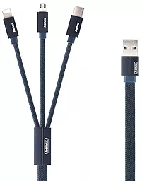 Универсальный кабель Remax Kerolla 3-in-1 USB-A to Type-C/Lightning/micro USB 12w 2.4a 1м сable Blue (RC-094th) - фото Универсальный кабель Remax Kerolla 3-in-1 USB-A to Type-C/Lightning/micro USB 12w 2.4a 1м сable Blue (RC-094th)