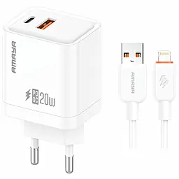 Сетевое зарядное устройство Amaya E77D 20w PD/QC3.0 USB-A/USB-C port fast charger + Lightning cable White - фото Сетевое зарядное устройство Amaya E77D 20w PD/QC3.0 USB-A/USB-C port fast charger + Lightning cable White