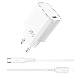 Сетевое зарядное устройство WIWU Wi-G007 20w GaN PD/QC3.0 USB-C fast charger + USB-C to USB-C cable White - фото Сетевое зарядное устройство WIWU Wi-G007 20w GaN PD/QC3.0 USB-C fast charger + USB-C to USB-C cable White