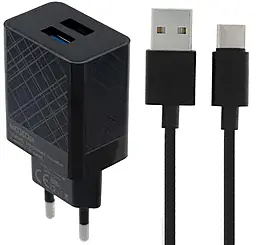 Сетевое зарядное устройство Moxom MX-HC22 2.4a 2xUSB-A ports charger + USB-C cable black - фото Сетевое зарядное устройство Moxom MX-HC22 2.4a 2xUSB-A ports charger + USB-C cable black