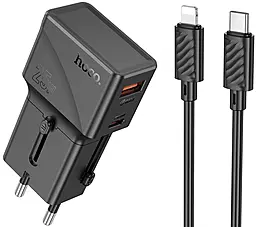 Сетевое зарядное устройство Hoco AC24 Mini 25w PD USB-C/USB-A ports charger + USB-C to Lightning cable black - фото Сетевое зарядное устройство Hoco AC24 Mini 25w PD USB-C/USB-A ports charger + USB-C to Lightning cable black