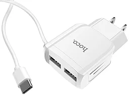 Мережевий зарядний пристрій Hoco C59A 2.1a 2xUSB-A ports charger + USB-C cable white - фото Мережевий зарядний пристрій Hoco C59A 2.1a 2xUSB-A ports charger + USB-C cable white