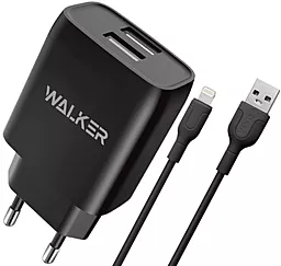 Сетевое зарядное устройство Walker WH-31 2.1a 2xUSB-A ports charger + Lightning cable black - фото Сетевое зарядное устройство Walker WH-31 2.1a 2xUSB-A ports charger + Lightning cable black